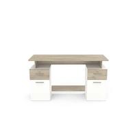 Bureau meuble de rangement 2 tiroirs 2 portes couleur chêne / blanc mat - Largeur 134,8 x Profondeur 55 x Hauteur 76,4 cm - -
