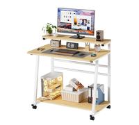 Bureau Mobile Table Informatique avec 4 roulettes Mobile Bureau d'Ordinateur avec Étagères pour Petit Espace Stable Table Roulante pour la Maison et Le Office,Montage Simple,80x50x90CM (Bois)