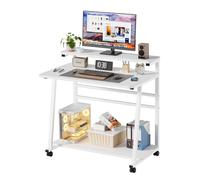 Bureau Mobile Table Informatique avec 4 roulettes Mobile Bureau d'Ordinateur avec Étagères pour Petit Espace Stable Table Roulante pour la Maison et Le Office,Montage Simple,80x50x90CM (Blanc)