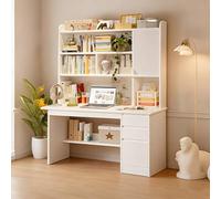 Bureau Moderne Avec Étagère de Rangement,Bureau d'ordinateur en Bois avec étagère et Clapier Poste de Travail Avec Armoire Grand bureau d'écriture pour Bureau à Domicile(Size:120x45x165cm,Color:Blanc)