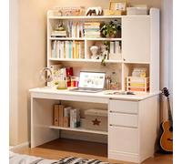 Bureau Moderne Blanc avec éTagèRe De Rangement, Table D'éCriture, Rectangular Wood Office Desk Drawers，Poste De Travail avec Clapier Et éTagèRe(Size:120 * 45 * 164cm)