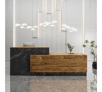 Bureau moderne en forme de L finition noyer élégant pour supermarchés, mini marchés, salons de beauté et bureaux Meuble de réception élégant (R-280 cm)