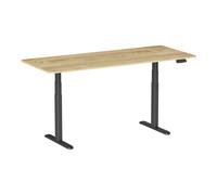 Bureau motorisé assis-debout 180x75cm, Plateau bois clair rustique à bords arrondis/Pied noir