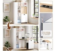 Bureau multifonction escamotable blanc d'angle 104,5×30,5×160 cm, étagères modulables, bibliothèque et prise USB