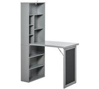 Bureau Mural Pliable Table Murale Rabattable Suspendue Sur Pied Avec Bibliothèque Tableau À Craie Intégré Panneaux Particules Gris Gris
