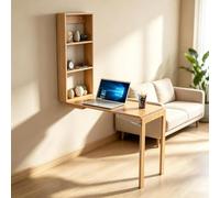 Bureau Mural Rabattable avec Étagère, Table Murale pour Bureau À Domicile | Table Murale Panneau Bois Multicouche, Support Vérin, Se Replie, Gain de Place pour Télétravail(Natural,90cm/35.4in)