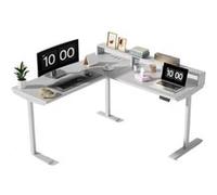 Bureau,OMOZUN Bureau électrique blanc en L, hauteur réglable de 73 à 118 cm, équipé de prises électriques et de ports USB, structure à trois pieds, fonctionnement silencieux et stable, conception ergo