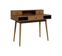 Bureau ordinateur table informatique design vintage avec rangements 3 tiroirs 3 niches pieds en bois massif de pin 110 x 54 x 91,5 cm aspect noyer