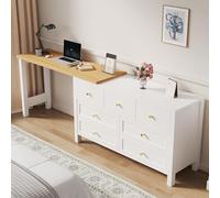 Bureau pliable en L avec tiroirs, coiffeuse et rangement 2 en 1, table rotative à 360°, finition moderne blanc et chêne, 120 x 40 x 70 cm, poste de travail d'angle peu encombrant