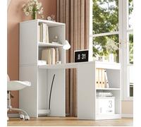 Bureau Pliable Modulable 130 cm avec Bibliothèque et 4 Étagères, Bureau d'Angle Escamotable pour Studio, Poste de Travail Blanc