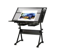 Bureau pliable réglable pour loisirs créatifs, hauteur 74-93 cm, plateau inclinable de 0 à 80°, 2 tiroirs, verre trempé, capacité de 100 kg, parfaite pour artistes et artisans