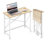 HOMCOM Bureau Pliant Table d'ordinateur 80 x 40 cm Bureau sur roulettes Style Moderne pour Domicile, Chambre, Petits espaces, chêne