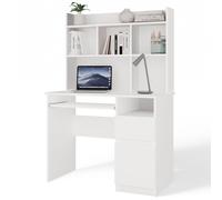 Bureau Porto droit avec rallonge, blanc mat, 3 tiroirs, étagères pour bureau