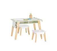 SoBuy Ensemble Table d’Enfant + 2 Tabourets pour Enfant, Set de 3 Pièces Table à Dessin pour Enfant avec 1 Porte-Rouleau de Papier et 2 Compartiments Ouverts, KMB92-GR