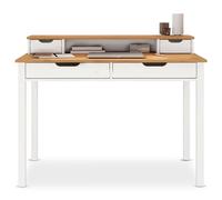 IDIMEX Bureau Raul L 114 cm en Bois Massif Coloris Blanc et chêne avec Quatre tiroirs et Une Niche de Rangement réhausse écran intégrée idéal pour Petit Espace et Bureau à Domicile