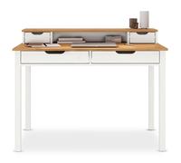 IDIMEX Bureau Raul L 114 cm en Bois Massif Coloris Blanc et chêne avec Quatre tiroirs et Une Niche de Rangement réhausse écran intégrée idéal pour Petit Espace et Bureau à Domicile