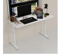 Bureau réglable manuel (manivelle) assis-debout, compact, double colonne, métal & plateau bois, blanc
