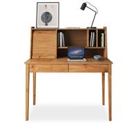 Bureau Secrétaire ALISA en Bois Massif avec 2 Tiroirs, 1 Volet, 4 Niches, 114 x 122 x 54 cm, Couleur Chêne