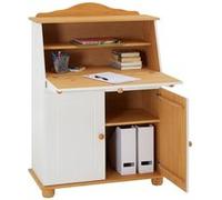 Bureau secrétaire DAVID avec abattant rangement plusieurs étagères 2 portes plan de travail rabattable, en pin massif blanc et brun Blanc, Brun G