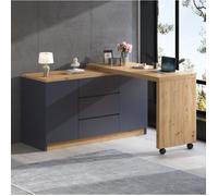 Bureau secrétaire pivotant 360° et rabattable 120 x 50 x 76,5 cm gris aspect chêne avec 2 portes et 3 tiroirs