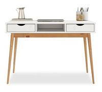 Bureau STEFANO en pin massif avec 2 tiroirs et 1 niche intégrée lasuré blanc/chêne