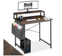 TECTAKE Table de bureau avec étagère de rangement et poche en tissu EVERETT Bois Foncé Industriel, Rustique