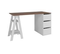 Bureau Tréteau et Caisson 3 Tiroirs Blanc et Châtaignier L 135 H 75 P 60 cm