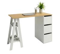 Bureau Tréteau et Caisson 3 Tiroirs Blanc et Chêne L 135 H 75 P 60 cm