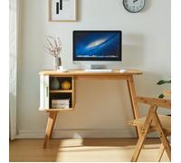 [en.casa] Bureau Rectangulaire avec Armoire Porte Coulissante Table d'Étude avec Compartiment de Rangement Stable Moderne Bureau Chambre Télétravail Bambou MDF 75 x 105 x 48 cm Naturel Blanc Crème