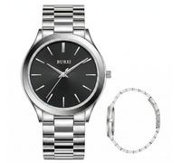 BUREI Montre analogique à Quartz en Acier Inoxydable étanche pour Homme, Argenté/Noir, Montre à Quartz