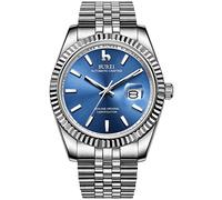 BUREI Montre Automatique pour Homme - Modèle élégant - Design Classique - Verre Saphir synthétique - Boîtier et Bracelet en Acier Inoxydable (Argento blu Mare)
