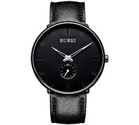 BUREI Montre pour Homme avec Visage Mince et Grand Visage Noir, Quartz analogique, Aiguilles argentées et Bracelet en Cuir Noir