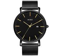 BUREI Montre Quartz Ultra-Fine pour Homme Mouvement Quartz Japonais mécanique pour Homme Le pour Les Gentlemen (Noir jaunâtre, Acier Inoxydable)