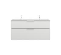 burgbad Eqio double lavabo en fonte minérale, meuble sous-lavabo avec 2 tiroirs inclus, largeur 1220mm, SHCD122F6582C0001G0146, Couleur: Blanc mat / Blanc mat, poignée chromée G0146
