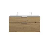 burgbad Eqio double lavabo en fonte minérale, meuble sous-lavabo avec 2 tiroirs inclus, largeur 1220mm, SHCD122F5662C0001G0146, Couleur: Décor chêne Urban / Décor chêne Urban, Poignée chromée G0146