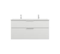 burgbad Eqio double lavabo en fonte minérale, meuble sous-lavabo avec 2 tiroirs inclus, largeur 1220mm, SHCD122F2009C0001G0146, Couleur: Blanc brillant / Blanc brillant, poignée chromée G0146