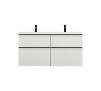 burgbad Eqio double lavabo en fonte minérale, meuble sous-lavabo avec 4 tiroirs inclus, largeur 1220mm, SHCF122F2009C0001G0252, Couleur: Blanc brillant / Blanc brillant, poignée noire mate G0252