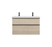 burgbad Eqio lavabo en céramique avec 2 trous pour robinetterie, meuble sous-lavabo inclus, largeur 1030mm, SEYR103F3180C0001G0252, Couleur: Décor Chêne Cashmere / Décor Chêne Cashmere, Poignée Noir M