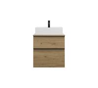 burgbad Eqio meuble sous-lavabo avec plan de toilette, découpe au centre, 2 tiroirs, largeur 600mm, WXXH060F5662G0252, Couleur: Décor Chêne Urbain / Décor Chêne Urbain, Poignée Noir Mat G0252