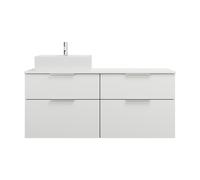 burgbad Eqio vasque à poser en céramique, carré, à gauche, avec meuble sous-lavabo à 4 tiroirs, largeur 1400mm, SGUS140LF2009C0001G0146, Couleur: Blanc brillant / Blanc brillant, poignée chromée G0146