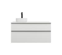 burgbad Eqio vasque à poser en céramique ronde, côté gauche, avec meuble sous-lavabo avec 2 tiroirs, largeur 1200mm, SGUN120LF2009C0001G0252, Couleur: Blanc brillant / Blanc brillant, poignée noire ma