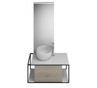 burgbad Junit Set Set Lavabo en fonte minérale avec meuble sous-lavabo, version gauche, miroir éclairé SFLG090 inclus, largeur : 900mm, SFLG090LF3151G0175, Couleur: Chêne Décor Flanelle / Chêne Décor 
