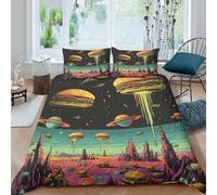 Burger in space Housse de Couette Microfibre Hypoallergique 3 Pièces 3D Imprimée Léger Sci-fi cartoon style Parure de Lit avec 2 x Taies d'oreiller Super Douce for Garçons Filles Single（140x200cm）