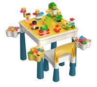 burgkidz Blocs de Construction pour Enfants Table et Chaise, Table Multi-Activités avec 1 Chaise et 130 Pièces de Grands Blocs, Briques de Créativité Jouets Compatibles pour Garçons et Filles