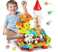 burgkidz Circuit à Billes Motorisé 4-en-1, Labyrinthe Animalier Éducatif, Jeu de Construction 92 Pièces pour Enfants 3-7 Ans,¿.