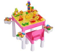 burgkidz Ensemble de Table Multi-activités pour Enfants 5-en-1-128 Pièces Blocs de Construction de Grandes Briques Compatibles, Jeu Comprenant 1 Chaise et 1 Table avec Rangement, Rose