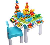 burgkidz Ensemble de Table Multi-activités pour Enfants 5-en-1-128 Pièces Blocs de Construction de Grandes Briques Compatibles, Jeu Comprenant 1 Chaise et 1 Table avec Rangement, Bleu