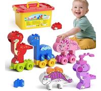 burgmate Jouet de Blocs Construction, 57 Grandes Briques de Construction de 5 Dinosaures avec 3 Roues Mobiles, Jeu Éducatif et Créatif, Cadeau d'anniversaire pour Enfants 3 4 5 6 Ans Fille ou Garçon