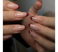 Burgundy French Nails Press Ons Manicure Long 18mm,Burgundy Press On Tip Almond Fake Press on,Luxurious Glamnetic,Glossy Full Cover Glue on French Acrylic Stick on Nails,for Women Manicure Decoration