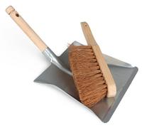 BURI Kit de balayage de qualité supérieure en bois et métal coco - Balayette et pelle - Petit balai et pelle - Balai avec poignées en bois - Balai en bois avec poils en coco - Pelle en métal durable